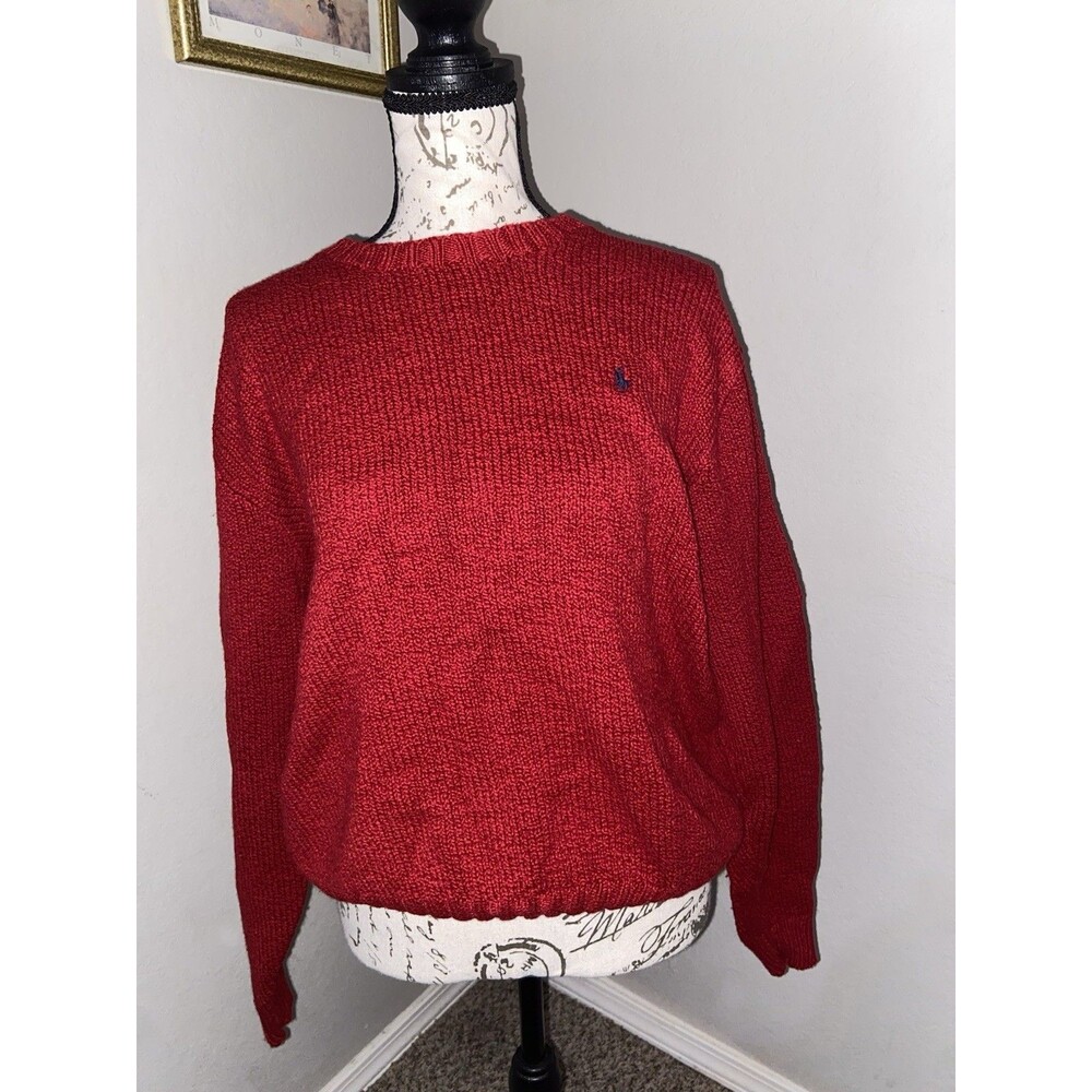 Polo by Ralph Lauren Red Chunky Knit Crewneck Sweater Polo Pony Logo XL - Picture 2 of 4